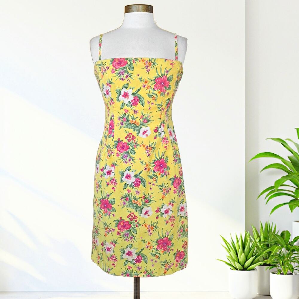 Vtg 90s Y2K RALPH Lauren Hawaiian Floral Strapless Dress Yellow Pinup Fit Med